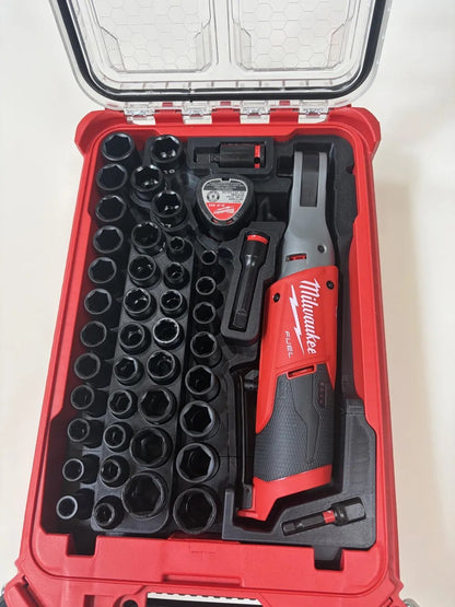  Milwaukee M12 FUELs 3/8 in. HIGH SPEED Ratchet (CAT.NO.2567-20) and Milwaukee SHOCKWAVE 3/8 in. Drive SAE and Metric 6 Point Impact Socket Set (43-Piece) (CAT.NO.49-66-7009).
