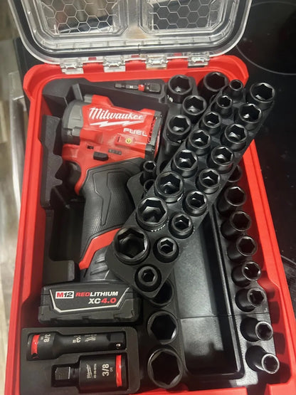 Milwaukee M12 FUEL Stubby 3/8 in. Impact Wrench (CAT.NO.2562-20) and Milwaukee SHOCKWAVE 3/8 in. Drive SAE and Metric 6 Point Impact Socket Set (43-Piece) (CAT.NO.49-66-7009)