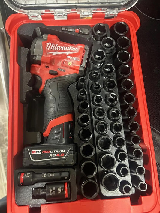 Milwaukee M12 FUEL Stubby 3/8 in. Impact Wrench (CAT.NO.2562-20) and Milwaukee SHOCKWAVE 3/8 in. Drive SAE and Metric 6 Point Impact Socket Set (43-Piece) (CAT.NO.49-66-7009)